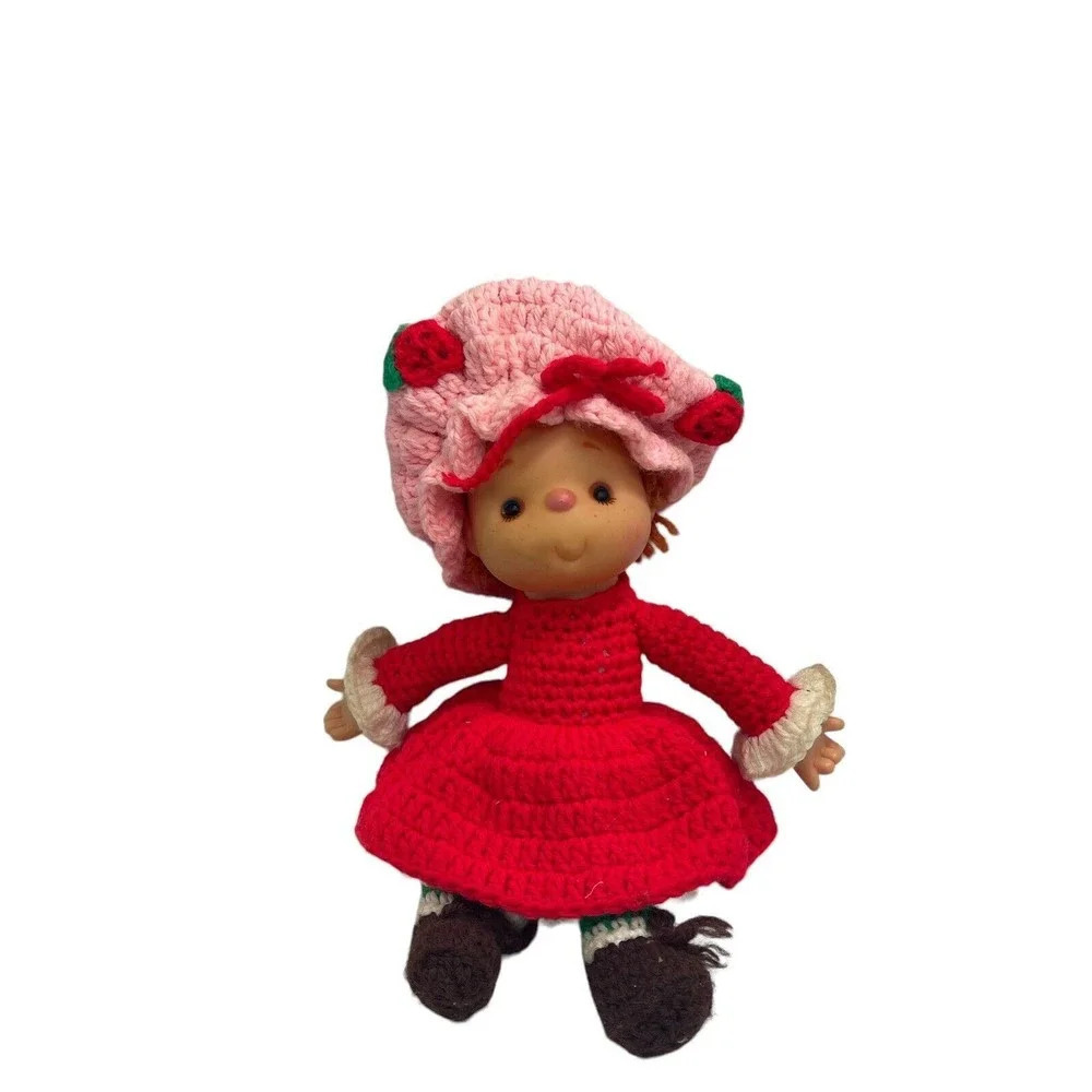 Vintage 12.5" Knit Crochet Strawberry Shortcake Doll Plastic Head Soft Body